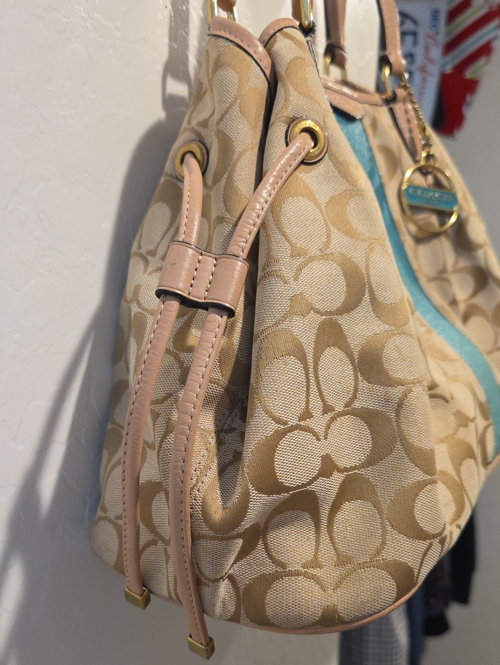 Coach Tan Signature Canvas Tote with Teal Center Stripe - Picture 5 of 16
